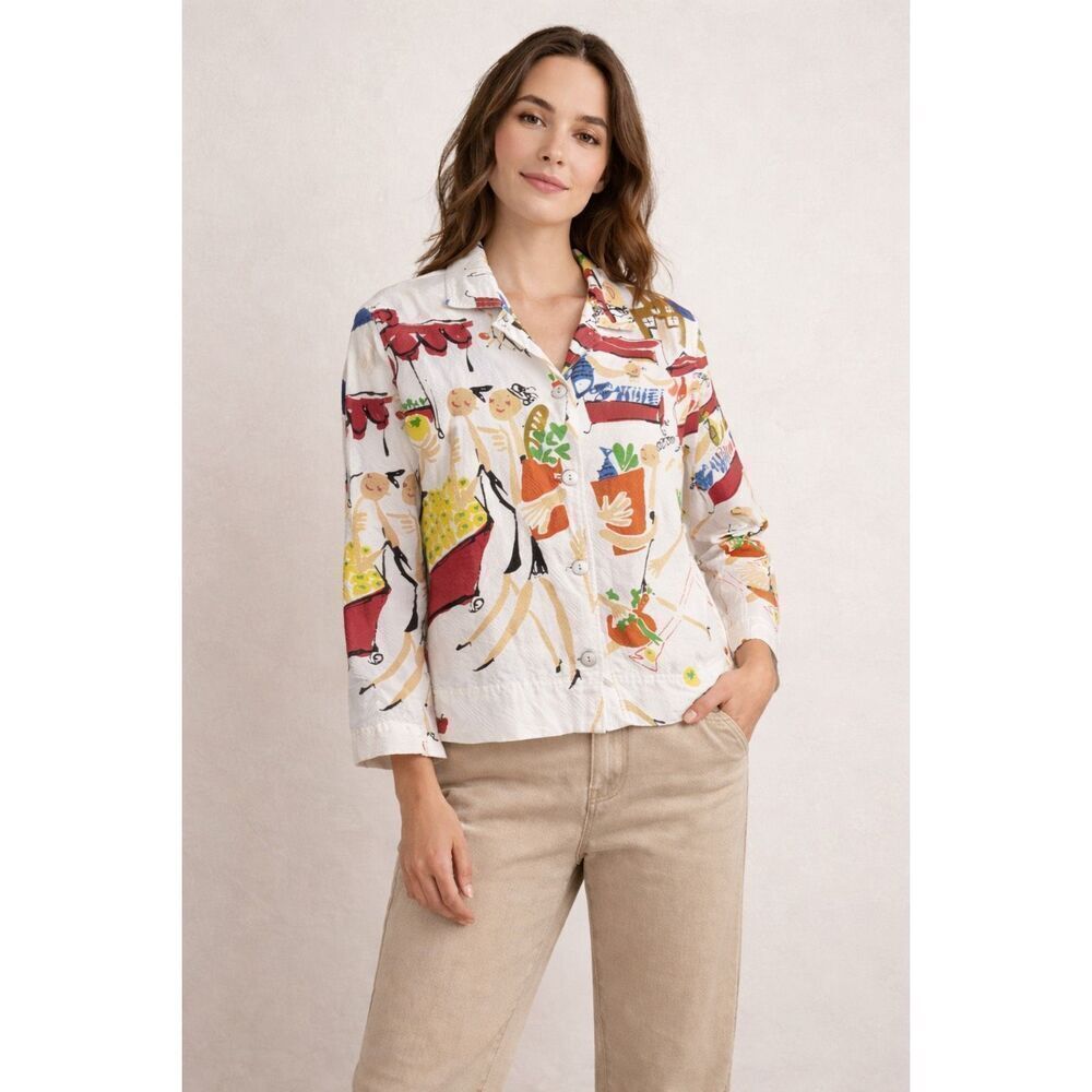 Chico’s Novelty Market Print Jacket Women’s Size 0 Artsy Button Front